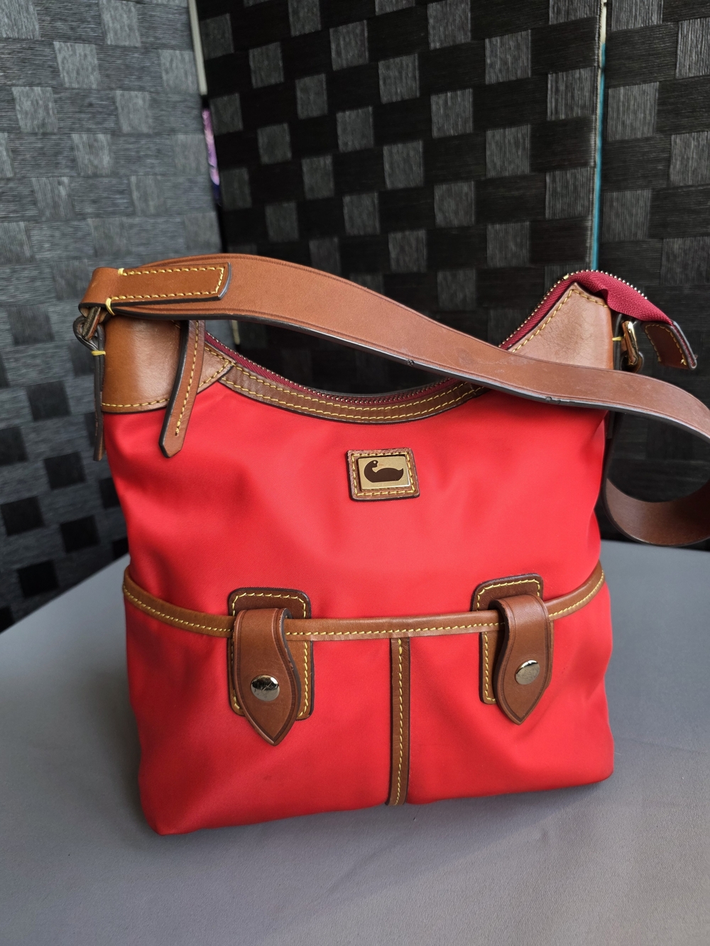 Dooney & Bourke Red Nylon Shoulder Bag Tan Leather Trim Duck Logo Purse